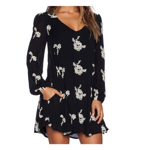 Free People Emma Austin Floral Embroidered Tunic Medium Dress Black Swing